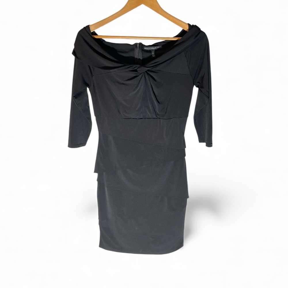 F7- Size 6 White House Black Market Tier Off-Shoulder Black Dress